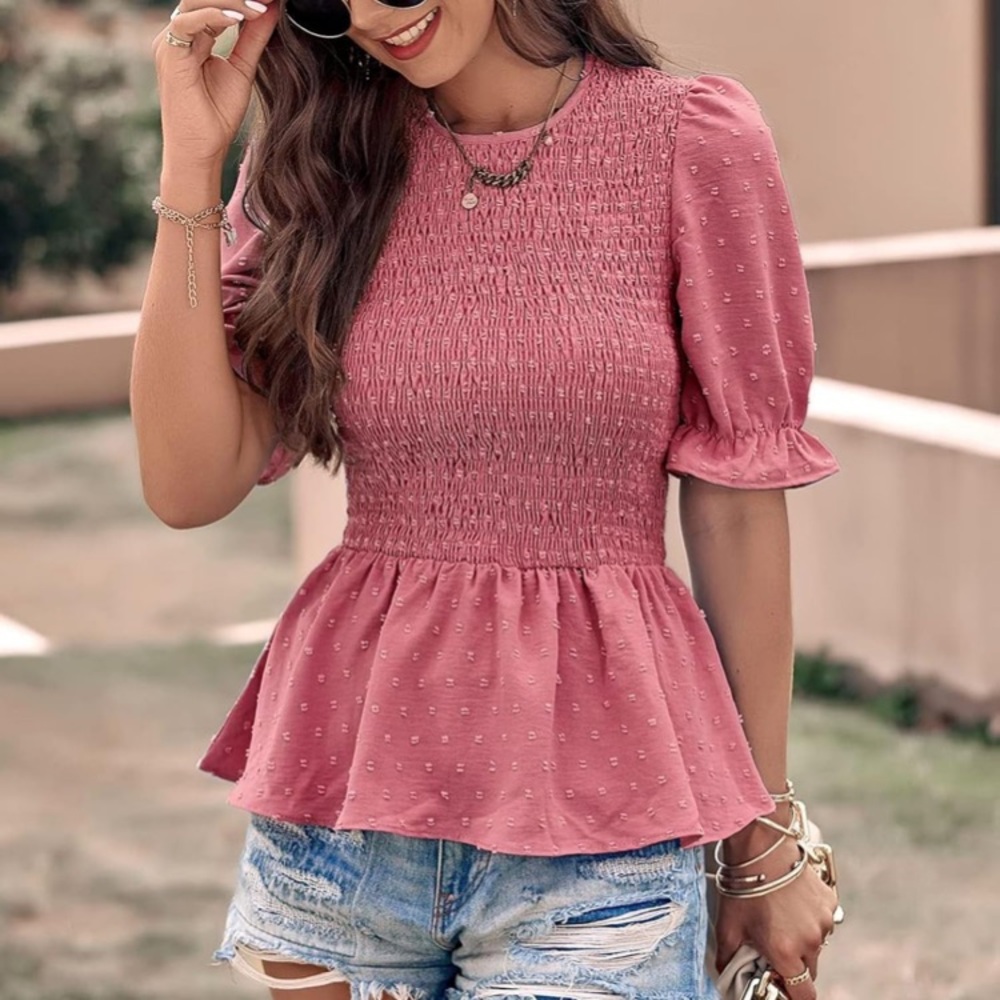 PRETTYGARDEN Puff Sleeve Swiss Dot Smocked Peplum M Tunic Dusty Pink Cottagecore